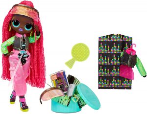 Black doll with long braids with fashions and accessories