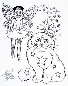 Line drawing of Bekki the Fairy and Fluffypuff to colour in