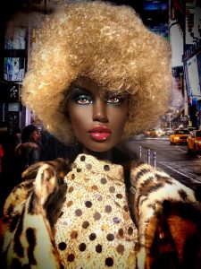Sulty dark-skinned doll ina. curly blonde wig