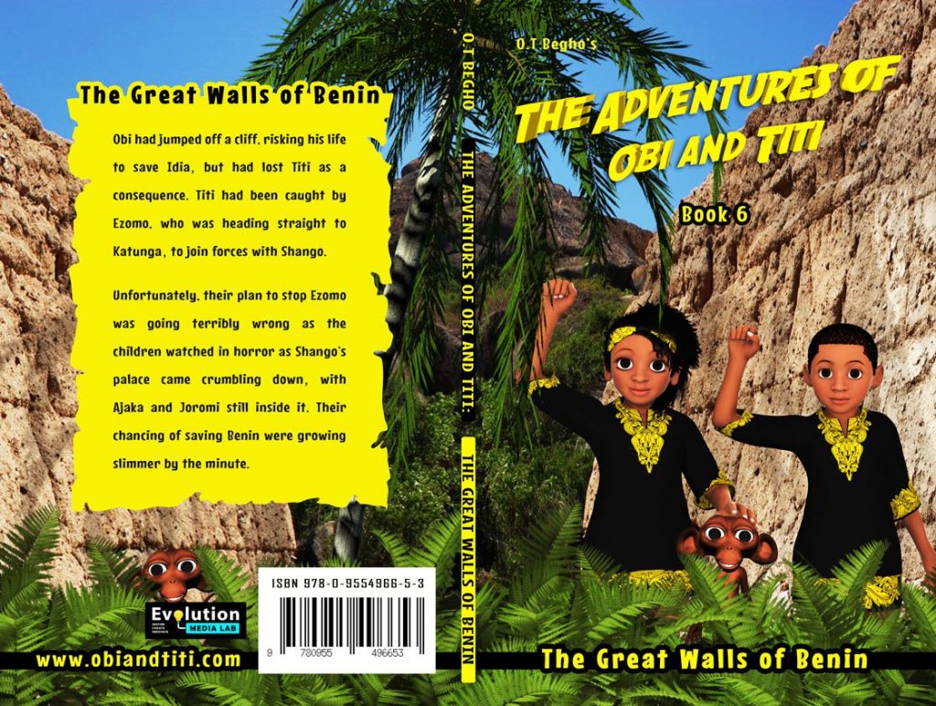 Book cover laid flat showing front and back. A boy and girl raise their firsts while a monkey watches them.