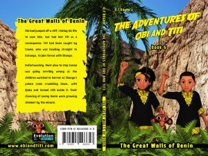 Book cover laid flat showing front and back. A boy and girl raise their firsts while a monkey watches them.