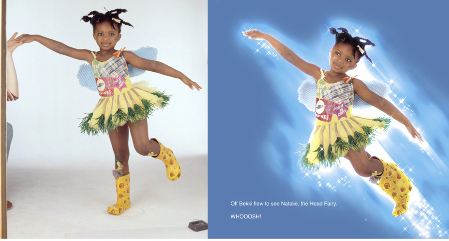 A studio shot of a girl posing and the same photo retouched to make her look like she is flying