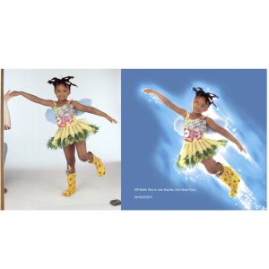 A studio shot of a girl posing and the same photo retouched to make her look like she is flying
