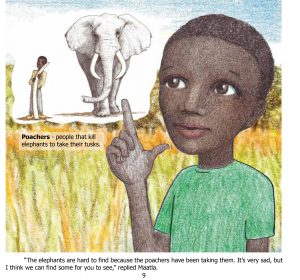 An African boy points at an elephant and a poacher holding a tusk