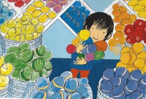 Drawing of little boy in a yarn shop holding balls of wool