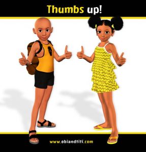 Nigerian boy and girl giving a thumbs up signal