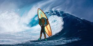 Black girl with surfboard cartoon in front of a photo of a wave