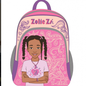 A backpack decorated with Zolie Zi' face and name