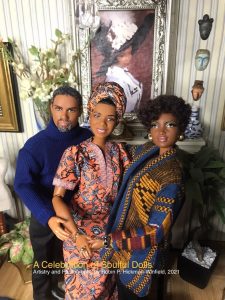 Three Afro American Barbie dolls have an imaginary encounter