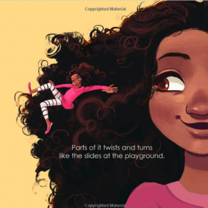 Front cover of the book Emi's Curly, Coily, Cotton Candy Hair showing a smiling little girl with curly hair