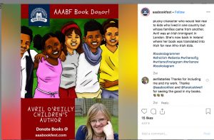 An Instagram post by the AAABookFeest naming Avril O'Reilly as a Book Donor