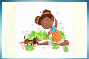 Cute drawing of a little girl sitting in the garden with her sausage dog