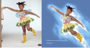 A studio shot of a girl posing and the same photo retouched to make her look like she is flying