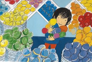 Drawing of little boy in a yarn shop holding balls of wool.