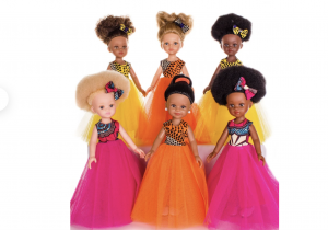 dark skinned doll dreses in glamourous gold clothes