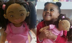 Two pictures, one shows a Zolie Zi plush doll. The other shows a cute little girl holding her doll tightly.