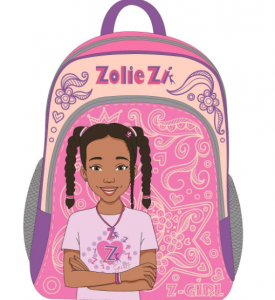 A backpack decorated with Zolie Zi's face and name