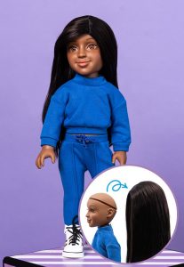 doll with diagram showing her head with wig