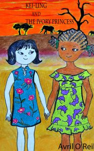 A Chinese little girl holds hands with an African girl in front of an African scene